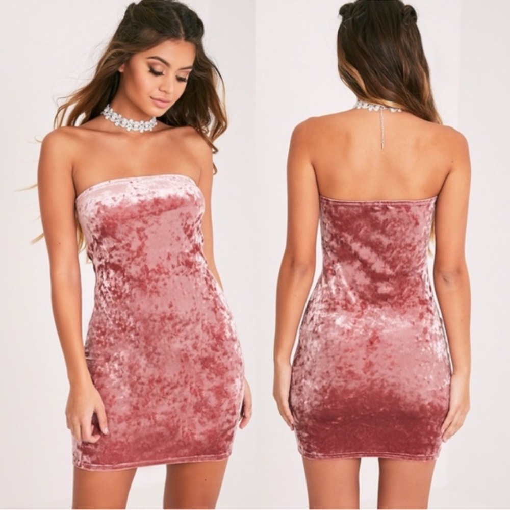 PrettyLittleThing Pink Blush Velvet Strapless Mini Dress